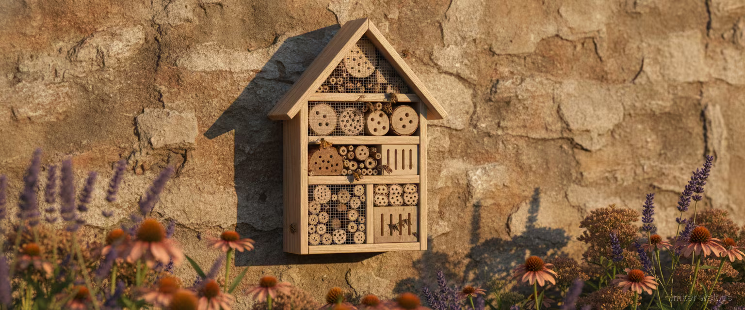 Insektenhotel fest an einer sonnigen Südwand über einem Blumenbeet montiert