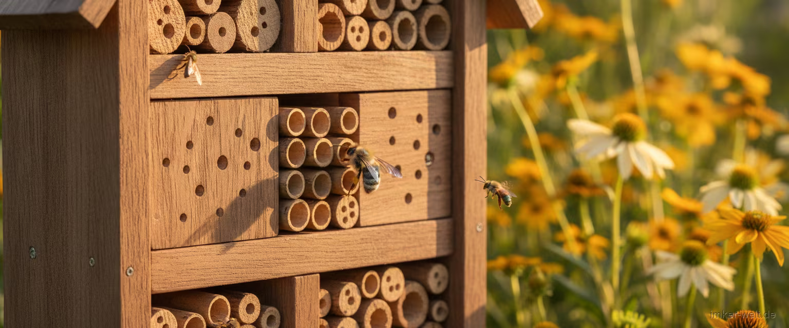 Gut gebautes Insektenhotel aus Hartholz-Bohrblöcken und Bambusröhren im sonnigen Blühgarten, eine Mauerbiene an einer Röhre