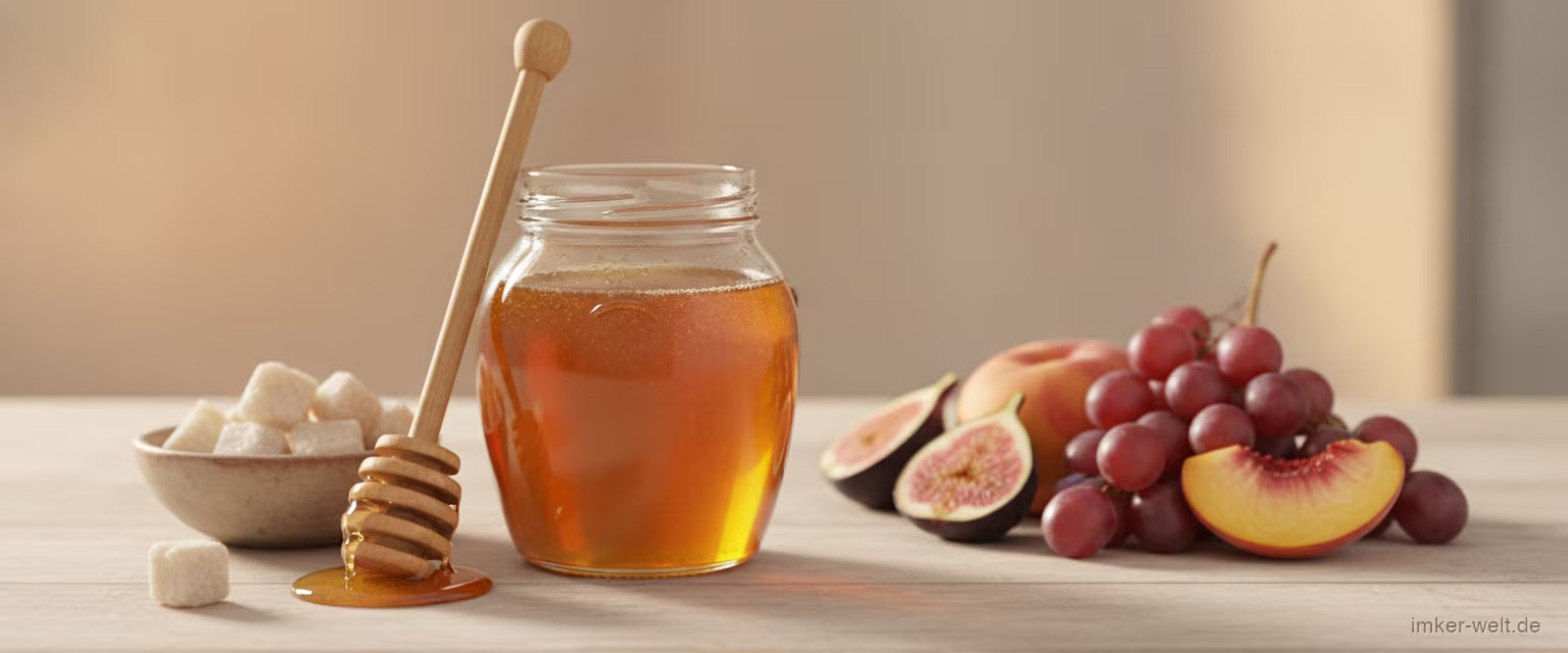 Glas goldener Honig mit Holzlöffel neben einer Schale Zuckerwürfel und frischem Obst