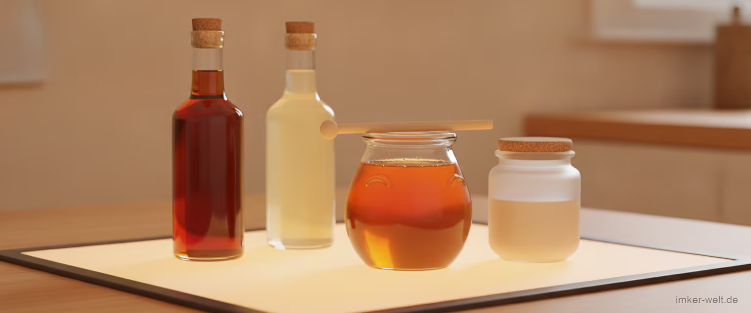 Honigglas neben Flaschen mit Ahornsirup und Agavendicksaft und einem Glas Reissirup