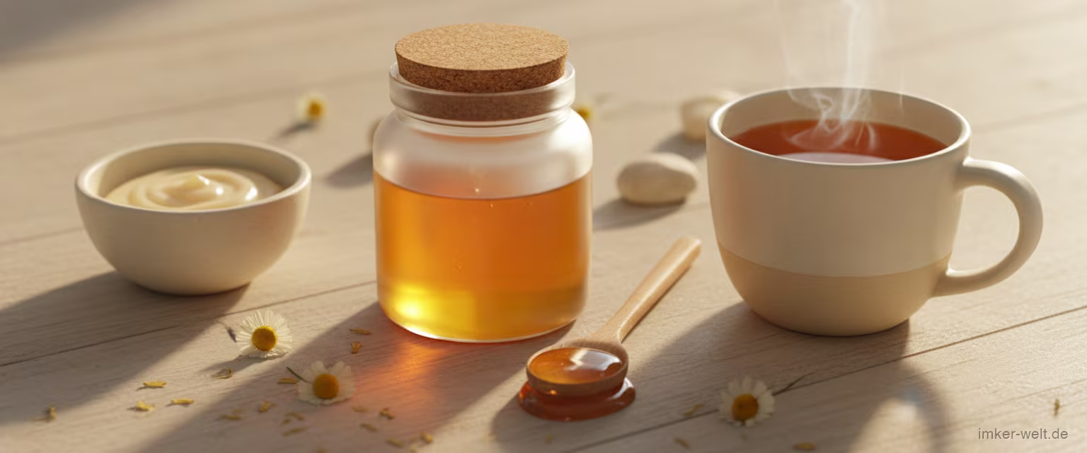 Manuka-Honig-Glas, ein Teelöffel Honig, eine Tasse warmer Tee und eine kleine Schale für eine Maske