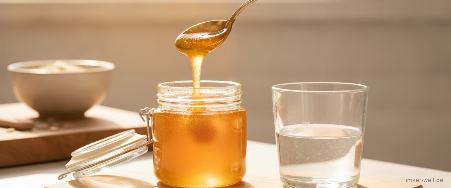 Teelöffel Manuka-Honig über einem geöffneten Glas in heller Küche, Glas lauwarmes Wasser daneben
