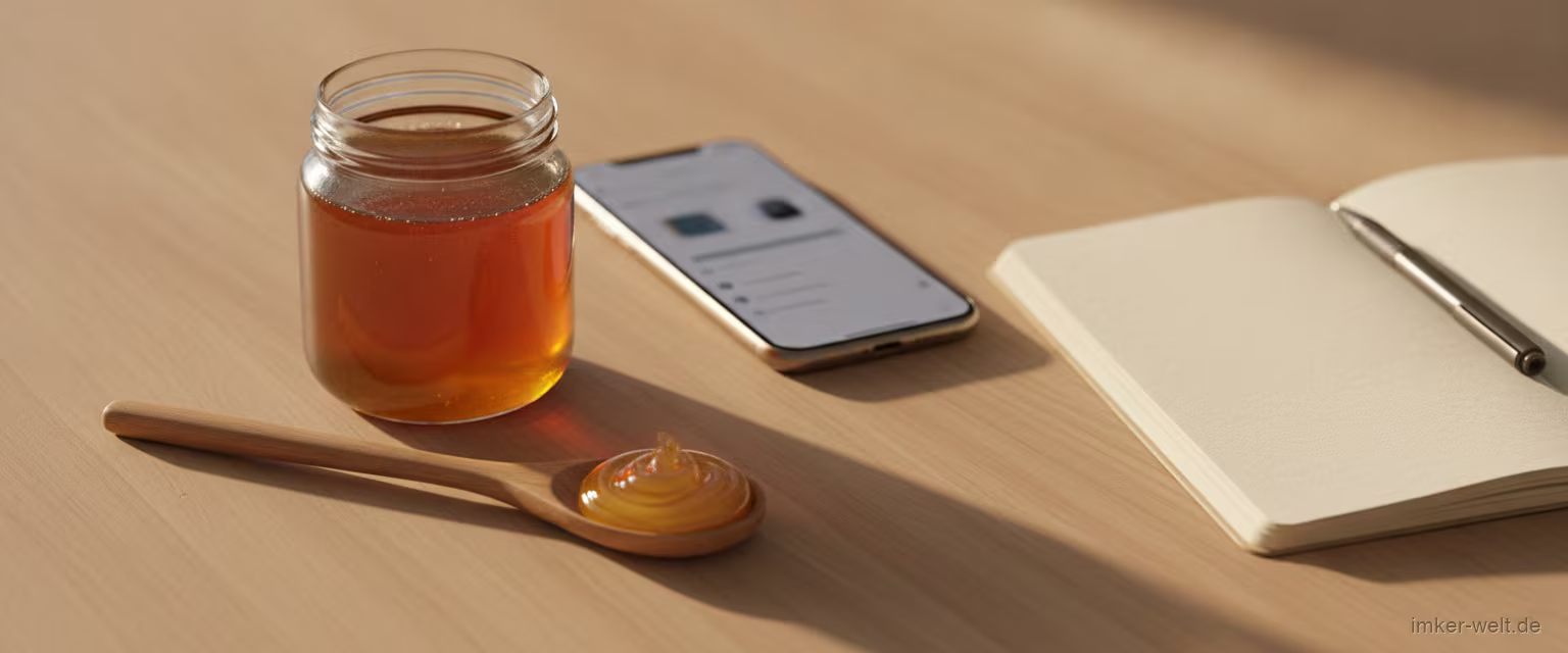 Manuka-Honig-Glas, Löffel, Smartphone mit unscharfer Bewertungsanzeige und Notizbuch auf hellem Tisch