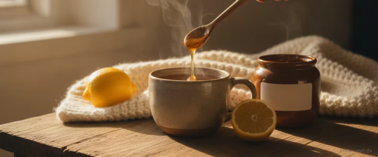 Tasse warmer Tee mit einem Löffel Manuka-Honig, Zitrone und Honigglas auf einem Tisch mit Decke