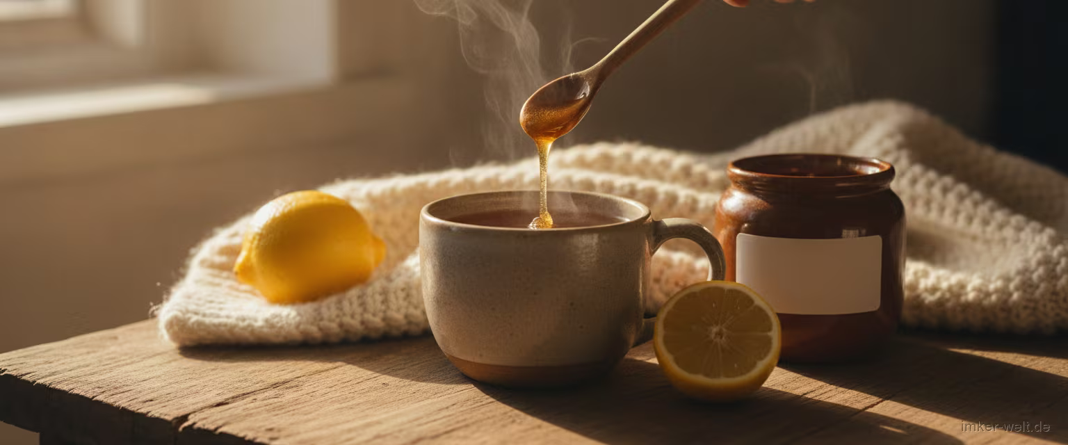 Tasse warmer Tee mit einem Löffel Manuka-Honig, Zitrone und Honigglas auf einem Tisch mit Decke
