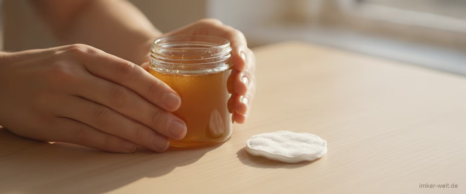 Hände und ein kleines Glas Manuka-Honig mit einem sauberen Wattepad auf hellem Tisch