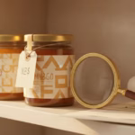 Mehrere Manuka-Honig-Gläser mit verschiedenen MGO-Etiketten und Preisschild im Regal, Lupe über einem Zertifikat