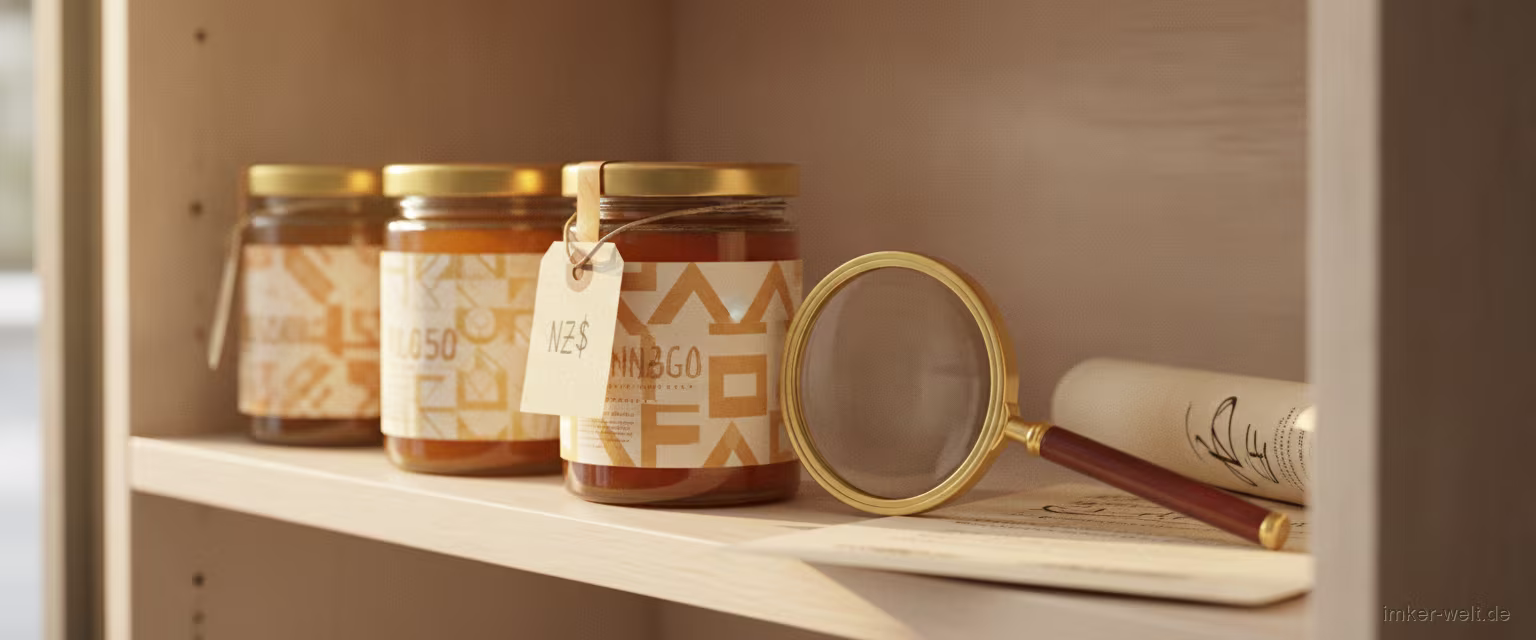Mehrere Manuka-Honig-Gläser mit verschiedenen MGO-Etiketten und Preisschild im Regal, Lupe über einem Zertifikat