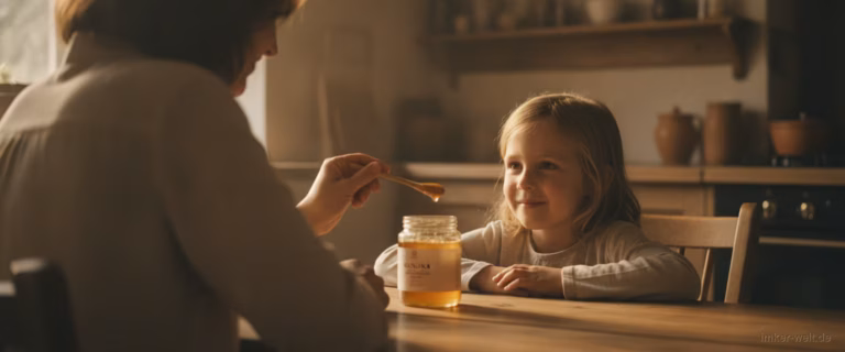 Elternteil gibt einem älteren Kind einen kleinen Löffel am Küchentisch, Manuka-Honig-Glas daneben