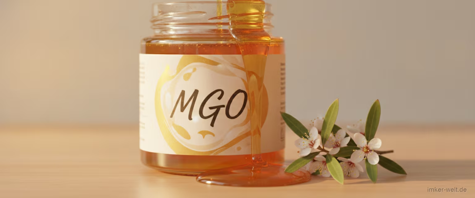 Manuka-Honig-Etikett mit MGO-Wert, daneben goldener Honig und ein Zweig Manuka-Blüte