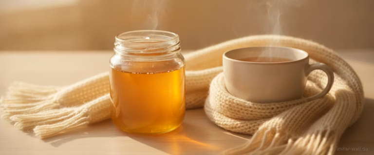 Manuka-Honig-Glas, eine Tasse lauwarmer Tee und ein weicher Schal auf hellem Tisch