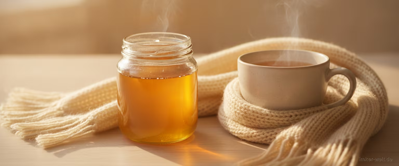 Manuka-Honig-Glas, eine Tasse lauwarmer Tee und ein weicher Schal auf hellem Tisch