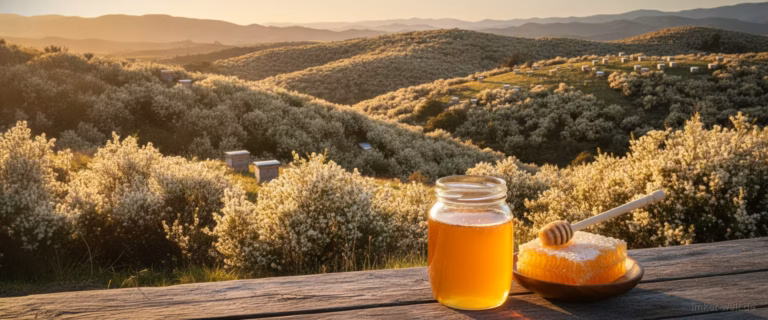 Abgelegene neuseeländische Hügel mit blühenden Manuka-Sträuchern und Bienenstöcken, Manuka-Honig im Vordergrund