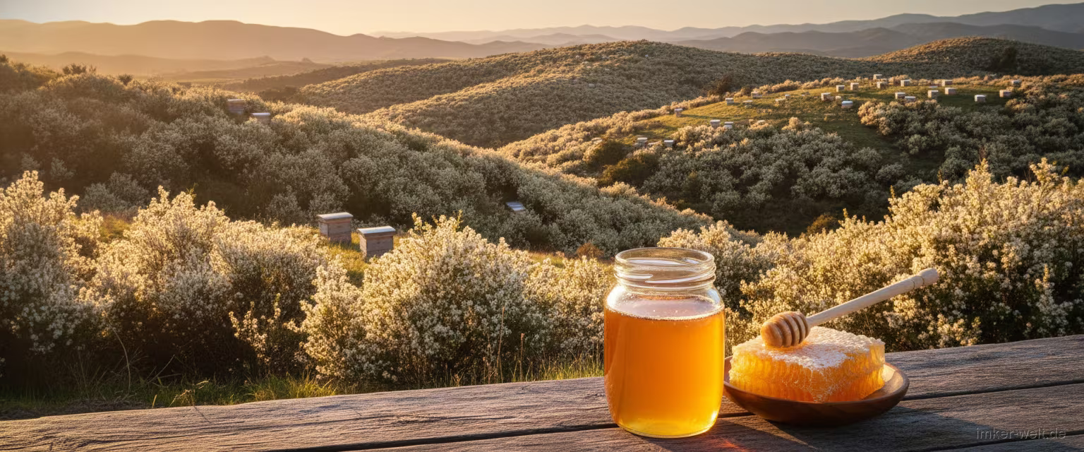Abgelegene neuseeländische Hügel mit blühenden Manuka-Sträuchern und Bienenstöcken, Manuka-Honig im Vordergrund