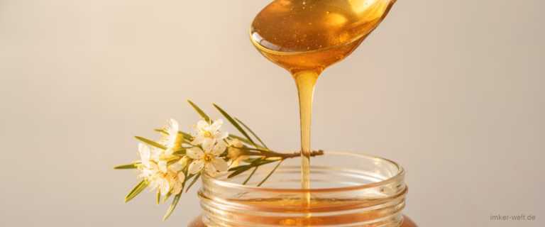 Löffel goldener Manuka-Honig tropft über ein Glas, daneben ein Zweig Manuka-Blüte