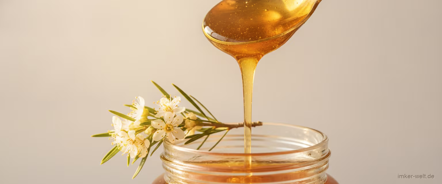 Löffel goldener Manuka-Honig tropft über ein Glas, daneben ein Zweig Manuka-Blüte