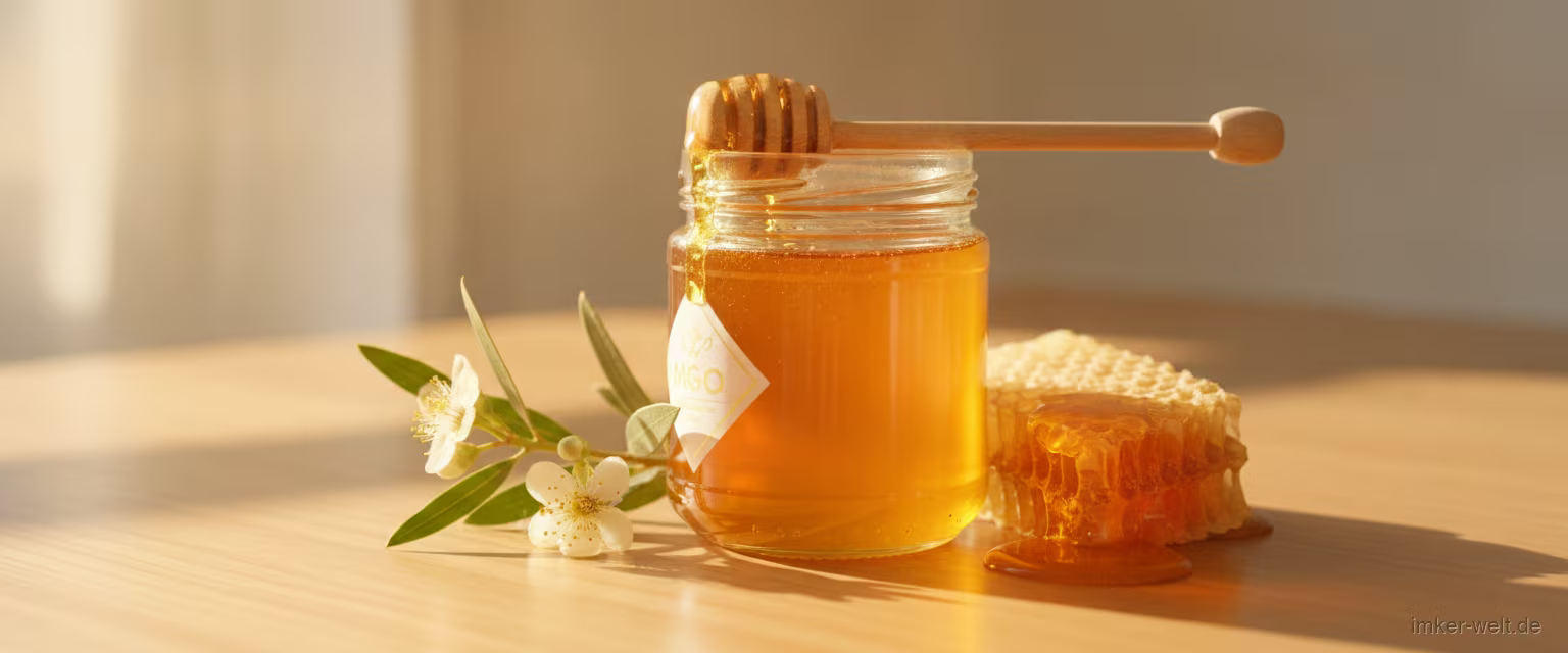 Glas goldener Manuka-Honig mit Holzlöffel, Manuka-Blüte und Honigwabe, MGO-Etikett sichtbar