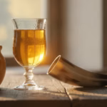 Glaskelch mit goldenem Met neben Honigglas und Trinkhorn auf rustikalem Holztisch