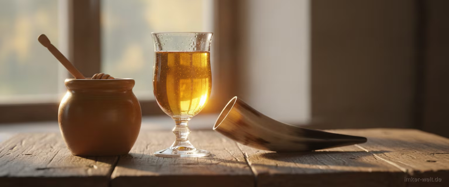 Glaskelch mit goldenem Met neben Honigglas und Trinkhorn auf rustikalem Holztisch