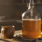 Glas-Gärballon mit goldenem Met und blubberndem Gärröhrchen, Honig und Hefe daneben