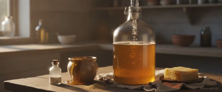 Glas-Gärballon mit goldenem Met und blubberndem Gärröhrchen, Honig und Hefe daneben