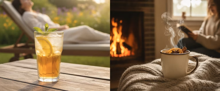 Geteilte Szene: gekühltes Glas Met im Sommer und dampfender warmer Met im Winter