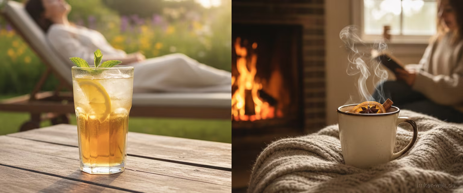Geteilte Szene: gekühltes Glas Met im Sommer und dampfender warmer Met im Winter