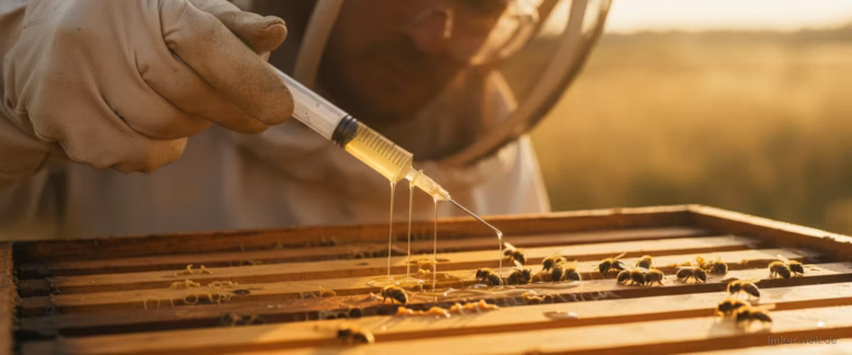 Spritze mit Oxalsäure-Lösung wird zwischen Bienenwaben geträufelt, Imker mit Handschuhen und Schutzbrille
