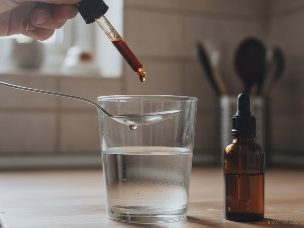 Hand gibt einige Propolis-Tropfen auf einen Löffel über einem Glas Wasser in der Küche
