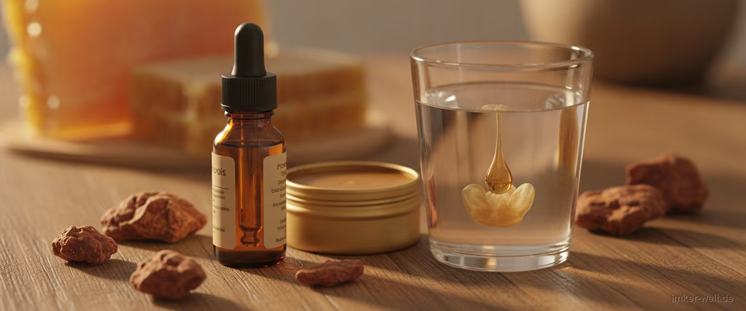 Verschiedene Propolis-Produkte – Tropffläschchen, Salbendose und ein Glas Wasser mit Tropfen, im Hintergrund rohes Propolis und Honigwabe