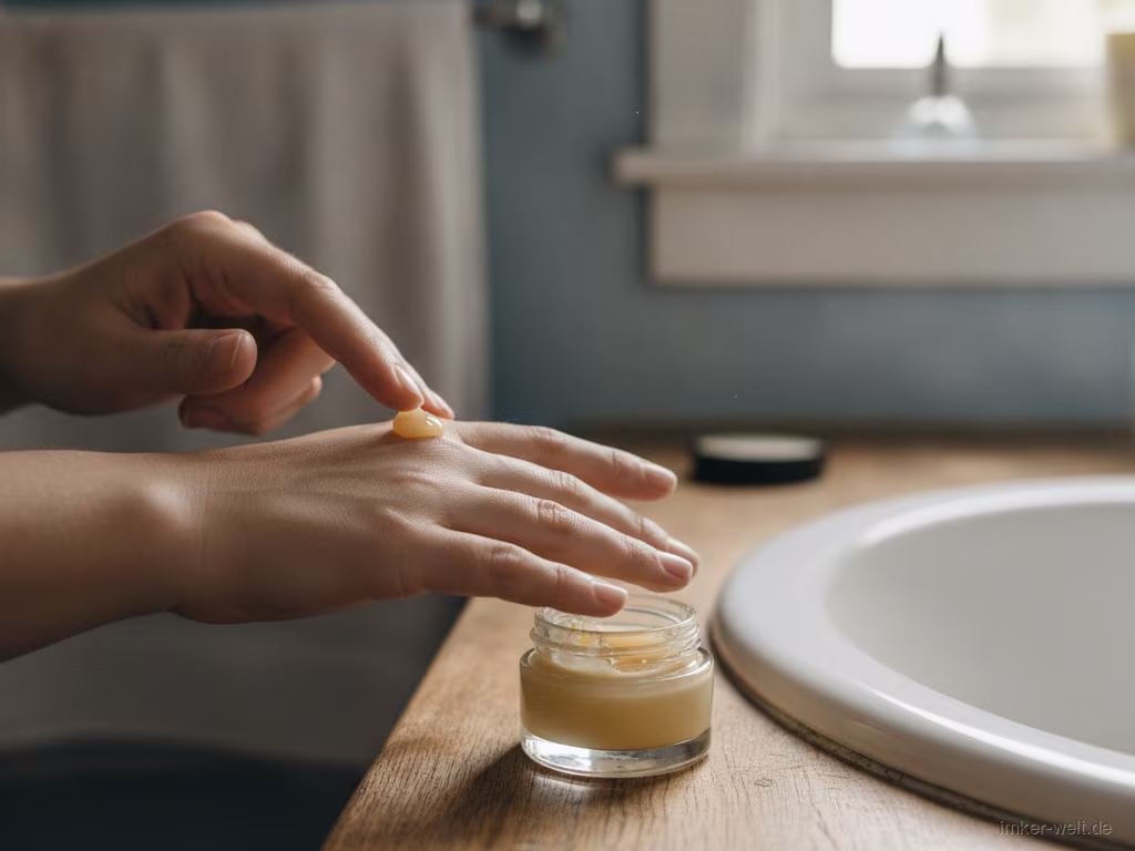Hand verteilt etwas Propolis-Creme aus einem geöffneten Tiegel auf dem Handrücken