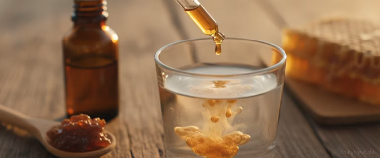 Pipette eines Propolis-Tinkturfläschchens zählt goldbraune Tropfen in ein Glas Wasser, im Hintergrund rohes Propolis und Honigwabe