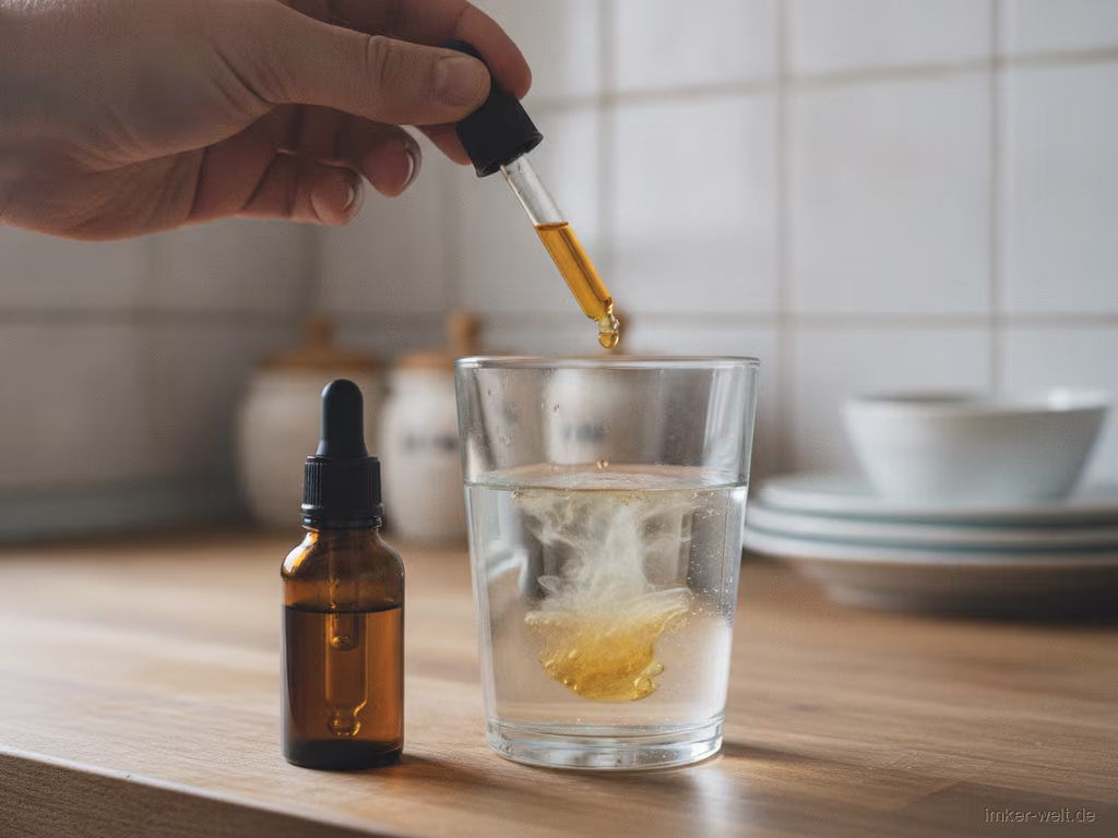 Propolis-Tropfen werden mit einer Pipette in ein Glas Wasser abgezählt