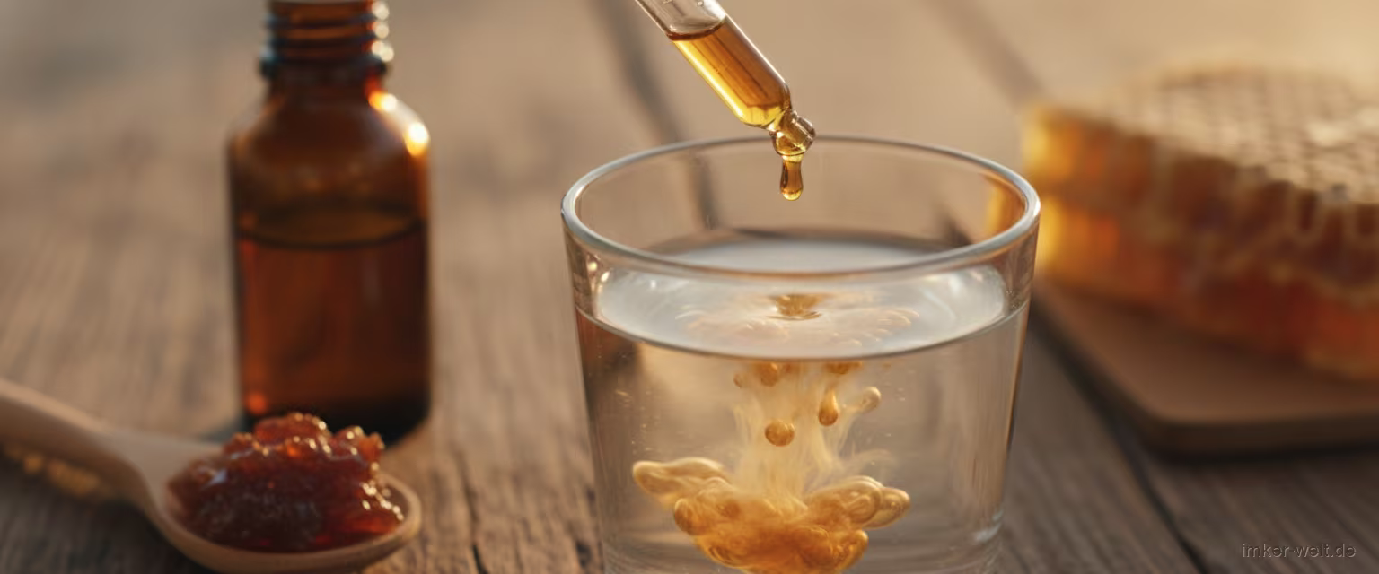 Pipette eines Propolis-Tinkturfläschchens zählt goldbraune Tropfen in ein Glas Wasser, im Hintergrund rohes Propolis und Honigwabe