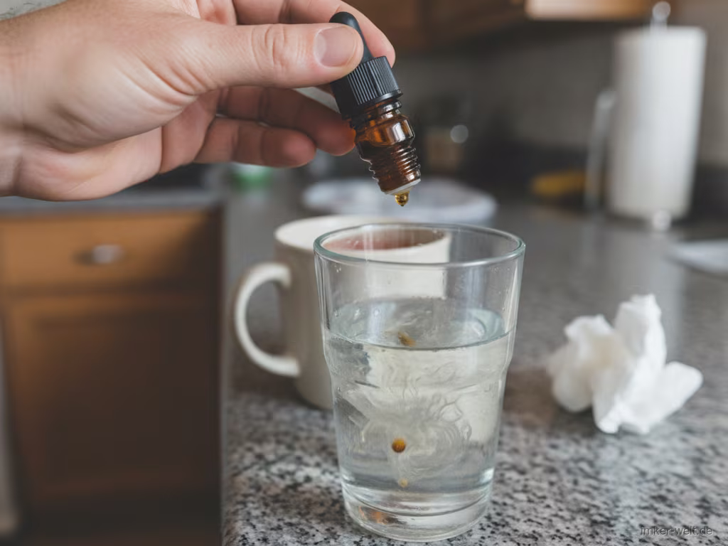 Hand löst einige Propolis-Tropfen in einem Glas lauwarmem Wasser zum Gurgeln auf