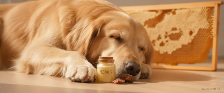Ruhiger Hund auf Holzboden neben einem kleinen Glas Propolis-Salbe und rohem Propolisharz, warme Pflege-Stimmung