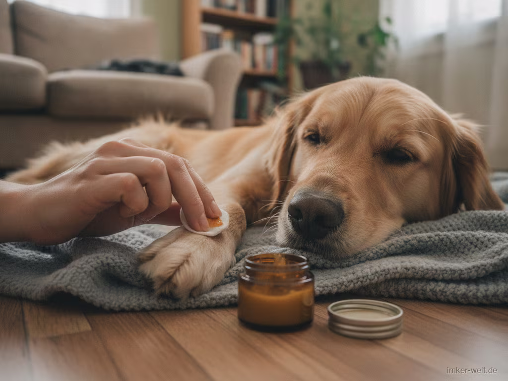 Hand tupft mit einem Wattepad etwas Propolis-Salbe auf die Pfote eines ruhig liegenden Hundes