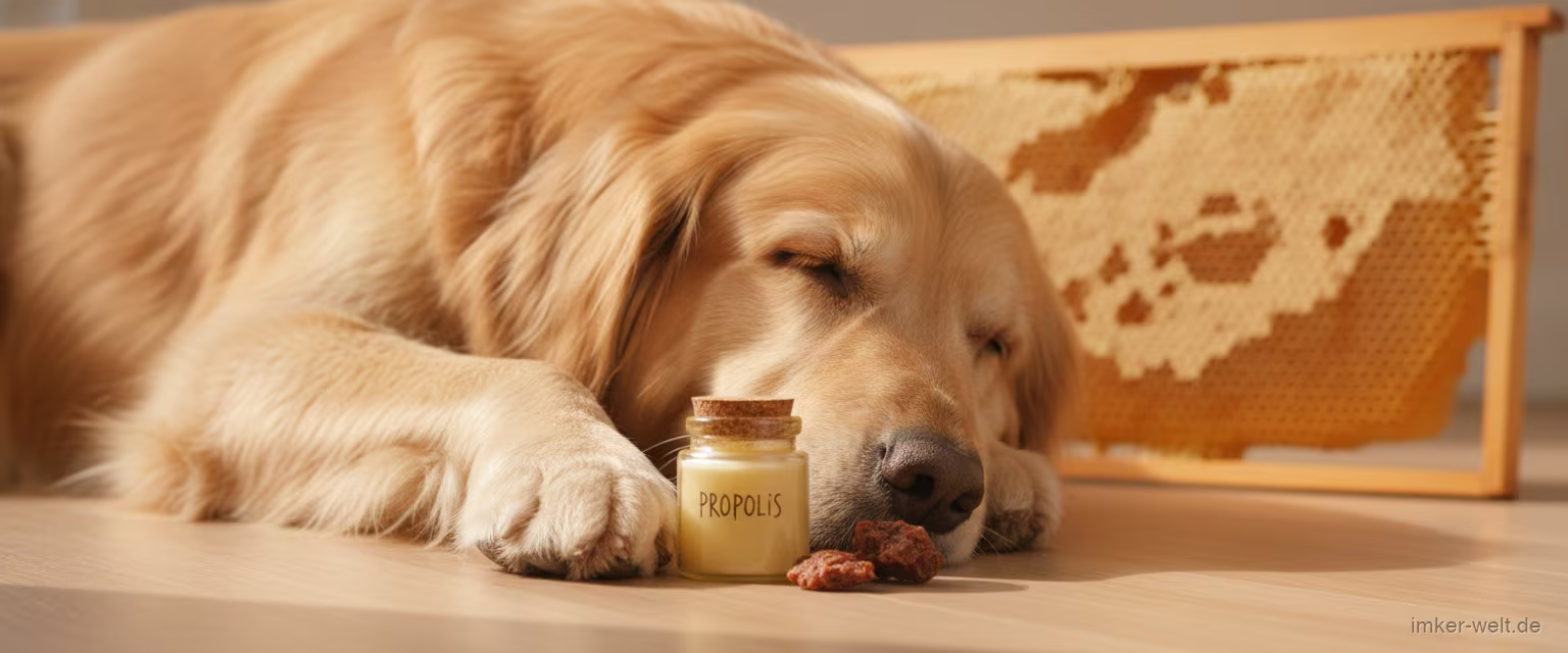 Ruhiger Hund auf Holzboden neben einem kleinen Glas Propolis-Salbe und rohem Propolisharz, warme Pflege-Stimmung