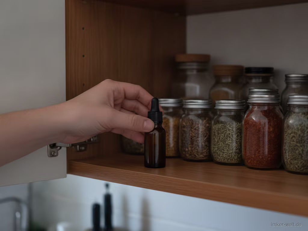 Hand stellt ein dunkles Tropffläschchen mit Propolis-Tinktur in einen kühlen, dunklen Küchenschrank