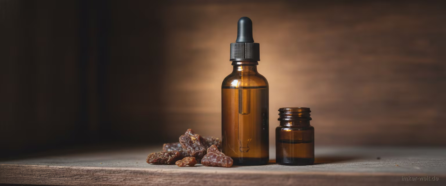 Amber-Tropffläschchen mit Propolis-Tinktur im kühlen, dunklen Schrank, daneben rohes Propolisharz und ein kleines dunkles Glas