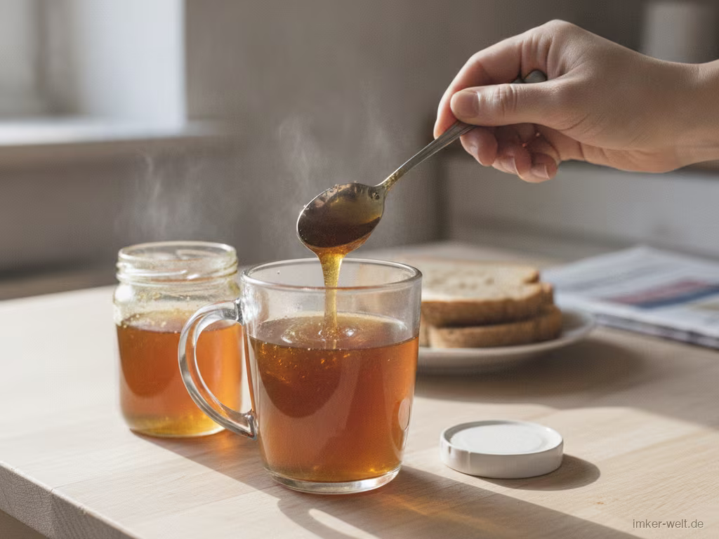 Propolis-Honig wird mit einem Löffel in eine Tasse warmen Tee eingerührt