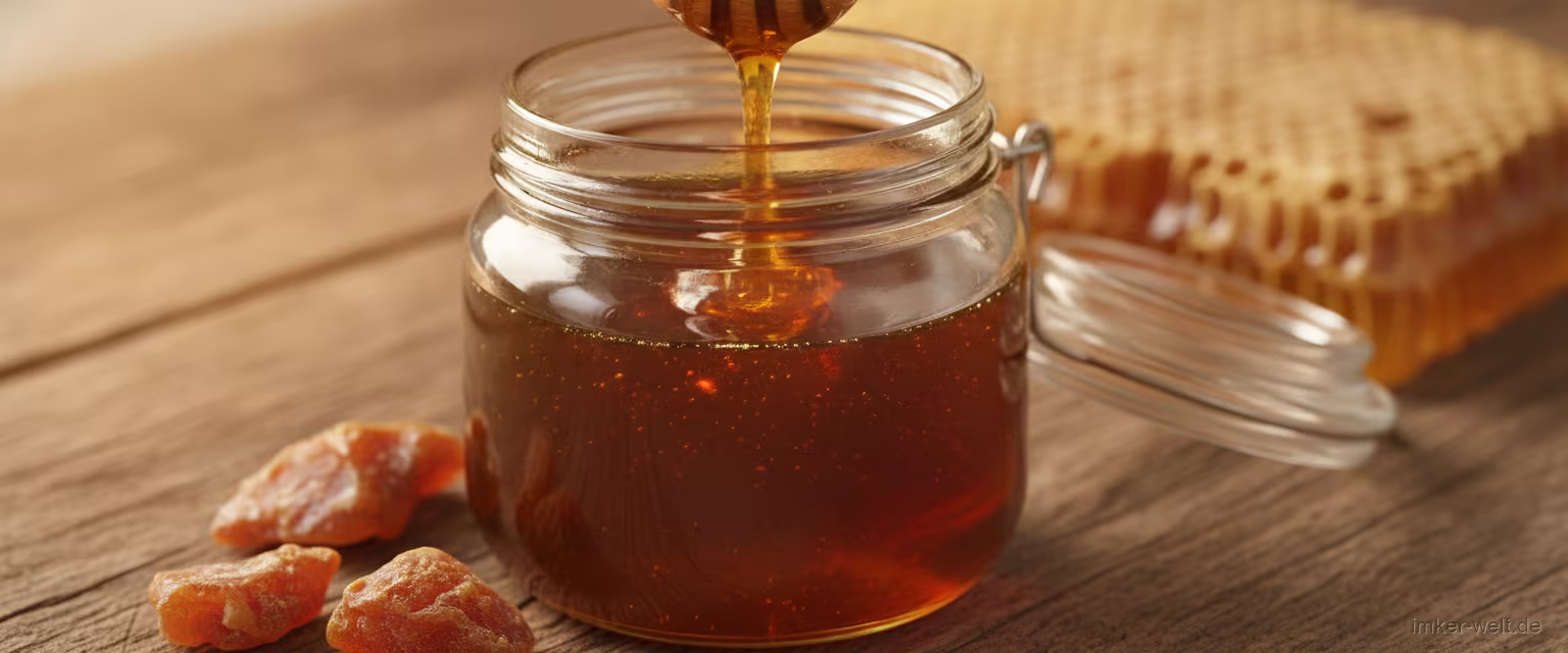 Offenes Glas mit dunkelgoldenem Propolis-Honig und Honiglöffel, im Hintergrund rohes Propolis und Honigwabe