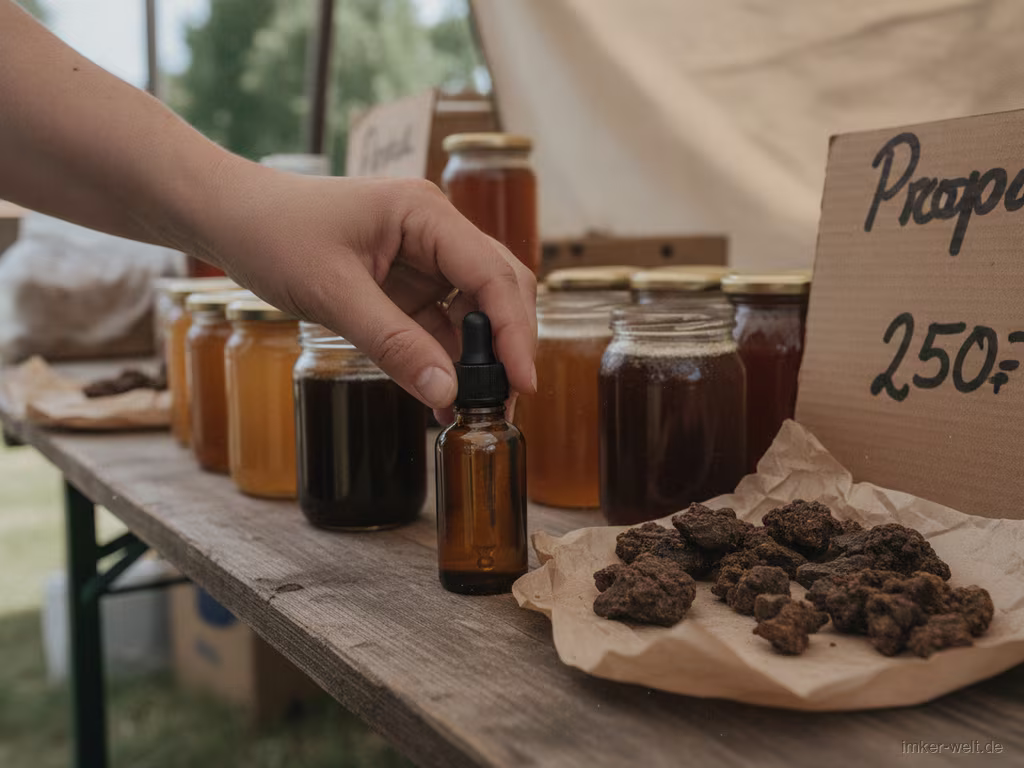 Hand greift am Stand einer Imkerei nach einem kleinen Tropffläschchen Propolis, im Hintergrund Honiggläser und Rohpropolis