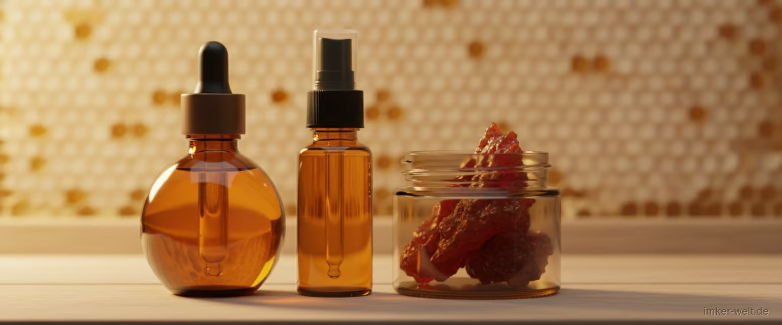 Mehrere Propolis-Produkte aus Amber-Glas auf einem Holzregal: Tropfflasche, Spray und ein Glas mit rohem Propolisharz, Honigwabe im Hintergrund