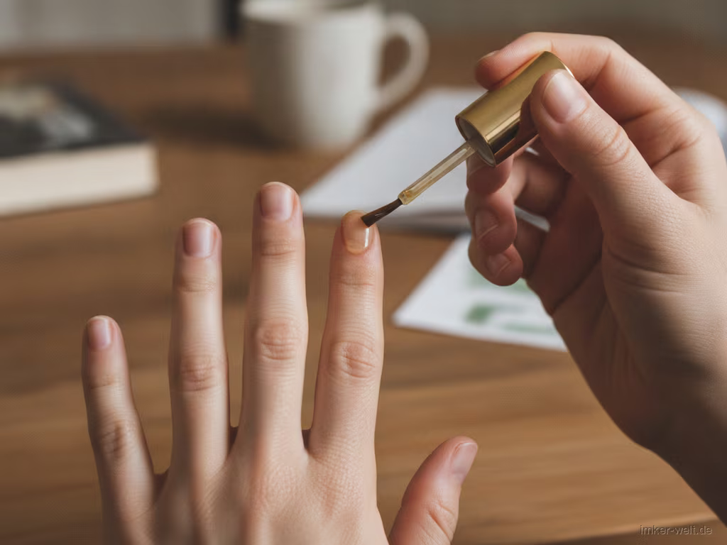 Propolis-Nagelserum wird mit einem Pinsel dünn auf Nägel und Nagelhaut aufgetragen