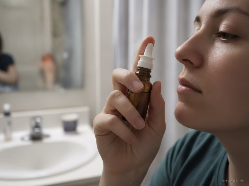 Hand setzt ein Propolis-Nasenspray an ein Nasenloch an, im Hintergrund ein Badezimmer