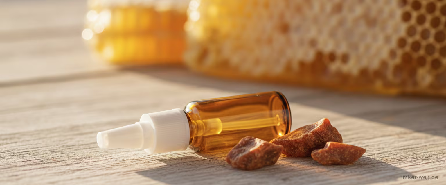 Amber-Nasenspray mit feinem Sprühkopf, daneben rohes Propolis und Honigwabe auf rustikalem Holztisch