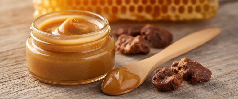 Geöffneter Glastiegel mit goldbrauner Propolis-Salbe und Holzspatel, daneben rohes Propolis und Honigwabe auf rustikalem Holztisch