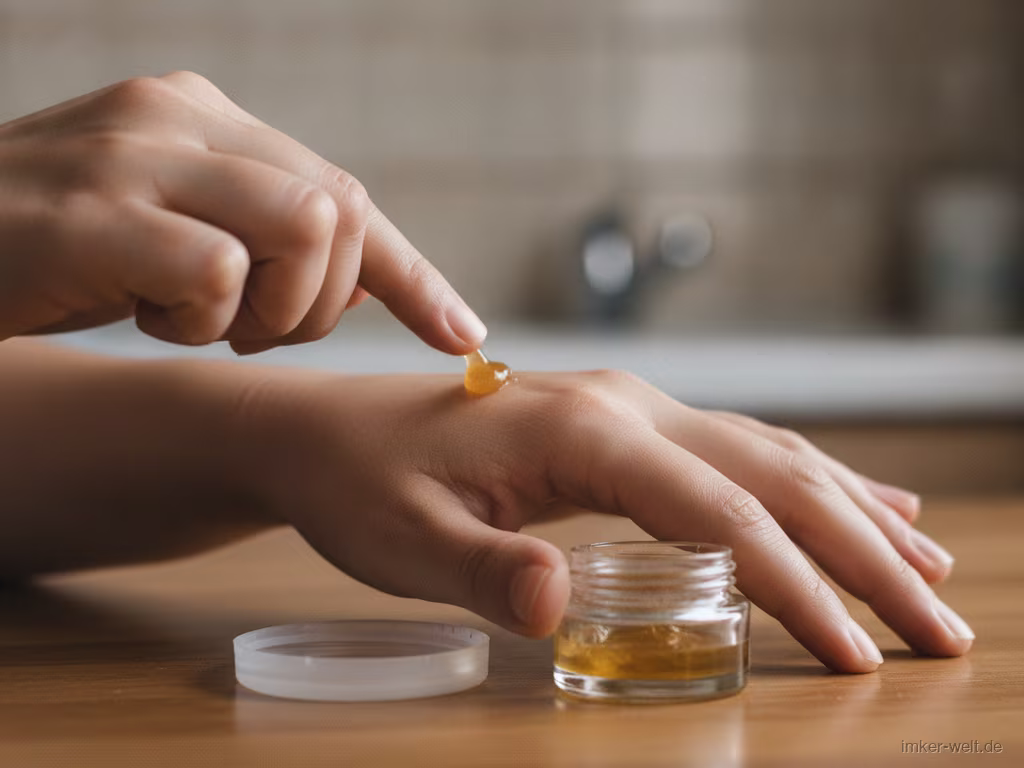 Hand trägt etwas Propolis-Salbe aus einem geöffneten Tiegel dünn auf den Handrücken auf