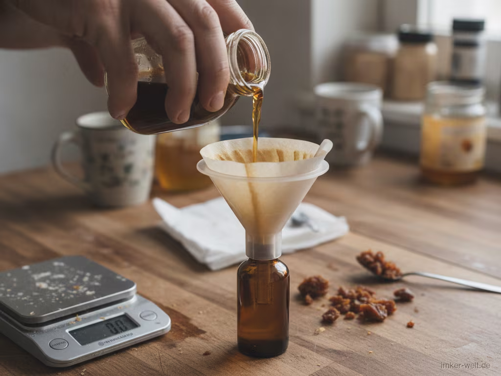 Hände filtern selbst gemachte Propolis-Tinktur durch einen Kaffeefilter in ein braunes Tropffläschchen
